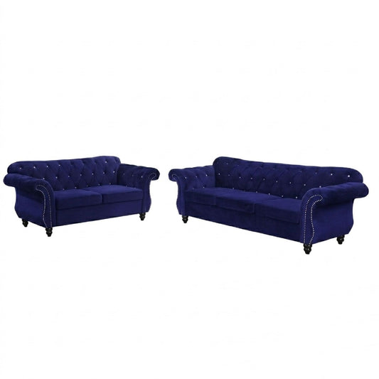 Upholstered Sofa Set With Crystal Tufted Seat And Nailhead Trim, 2 Piece Living Room Furniture - Indigo