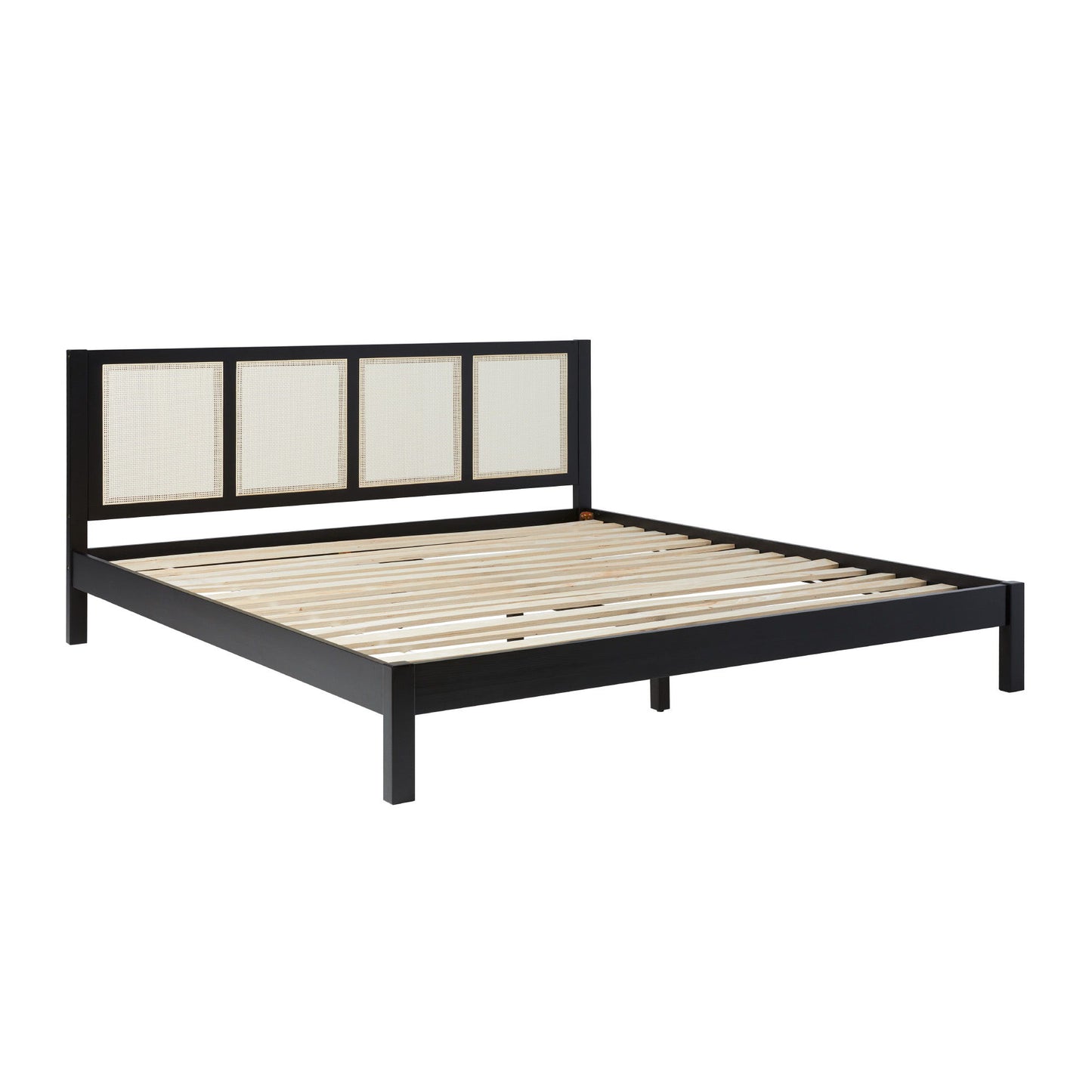 King Bed With Rattan Panel Headboard - Black