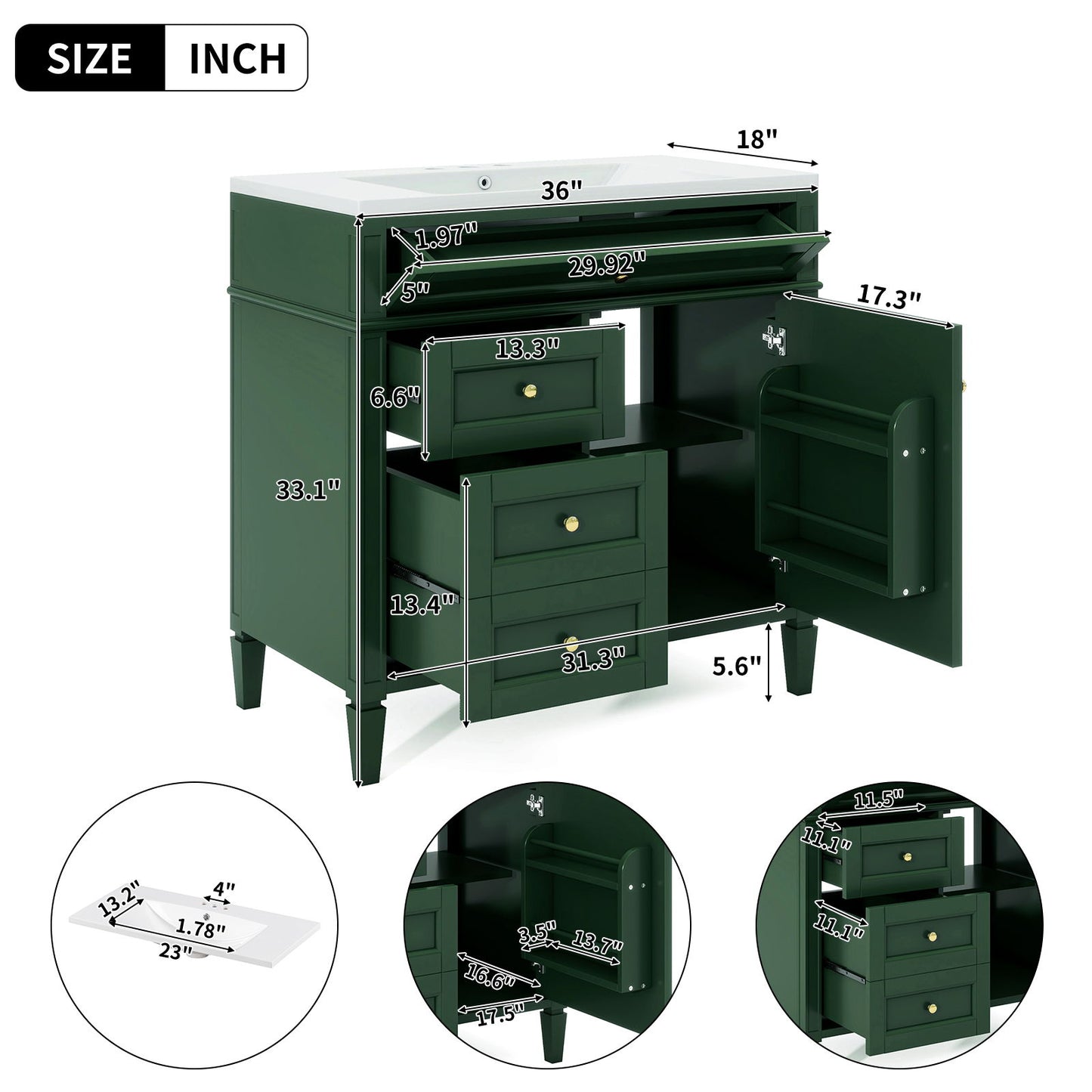 Bathroom Vanity With Top Sink, 2 Drawers And Tip Out Drawer, Rectangular Design