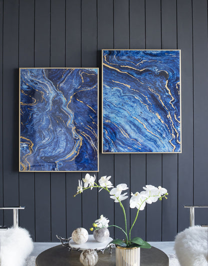Framed Art Panels, Unique Marbled Design (Set of 2) - Blue