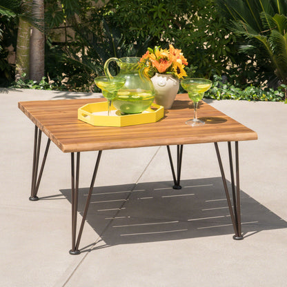 Outdoor Coffee Table With Slat Top And Metal Legs - Teak