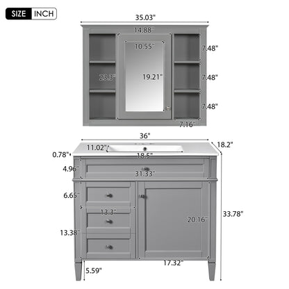 Bathroom Vanity With Mirror Cabinet, Single Sink With 2 Soft Closing Doors And 4 Drawers