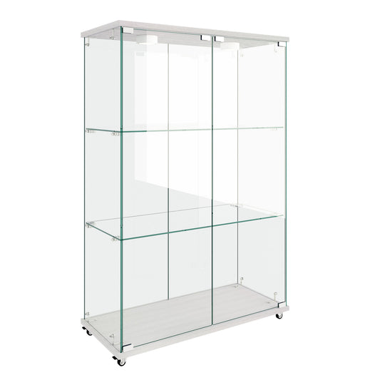 Modern Display Cabinet With LED Lights, Transparent Tempered Glass 2 Door Storage Case With 3 Shelves