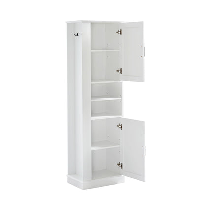 Tall Freestanding Bathroom Storage Cabinet With Adjustable Shelves And Side Hooks Board, Rectangle Design