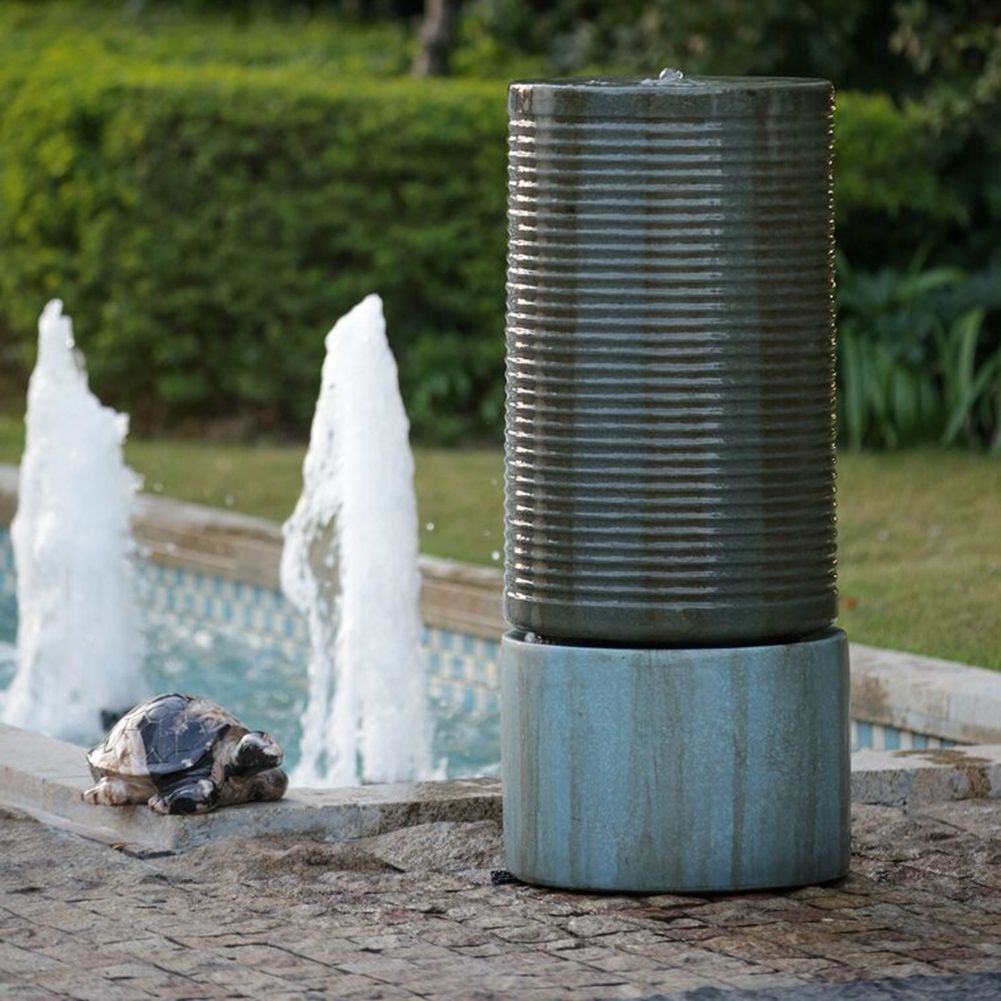 Large Modern Cylinder Ribbed Tower Water Fountain, Contemporary Outdoor Bird Bath