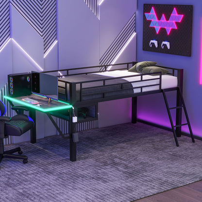 Modern Gaming Mid Loft Bed With Desk And LED Lights