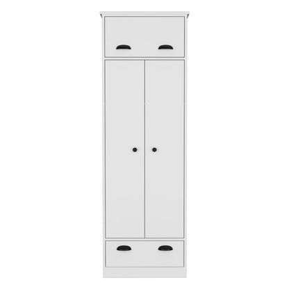 Dresser Closet With Upper Storage Covered With 1 Door, 2 Central Shelves, 1 Tube For Hanging Clothes Covered By 2 Doors, 1 Drawer At The Bottom - White