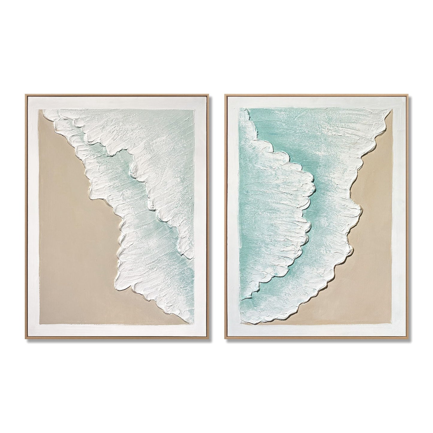 Framed Ocean Wave Wall Art, Textured Canvas Painting, Beach Decor For Living Room (Set of 2) - Aqua Blue