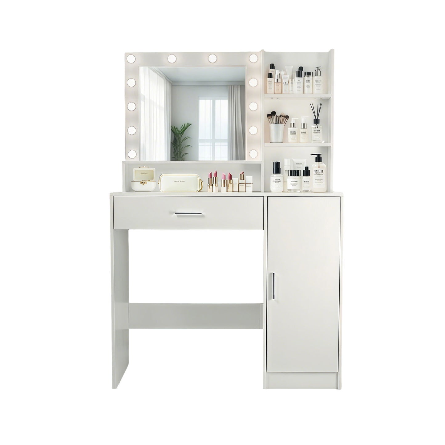 Vanity Desk With Mirror And Adjustable LED Lights, 3 Lighting Modes, Drawer And Storage Cabinet - White