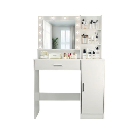 Vanity Desk With Mirror And Adjustable LED Lights, 3 Lighting Modes, Drawer And Storage Cabinet - White