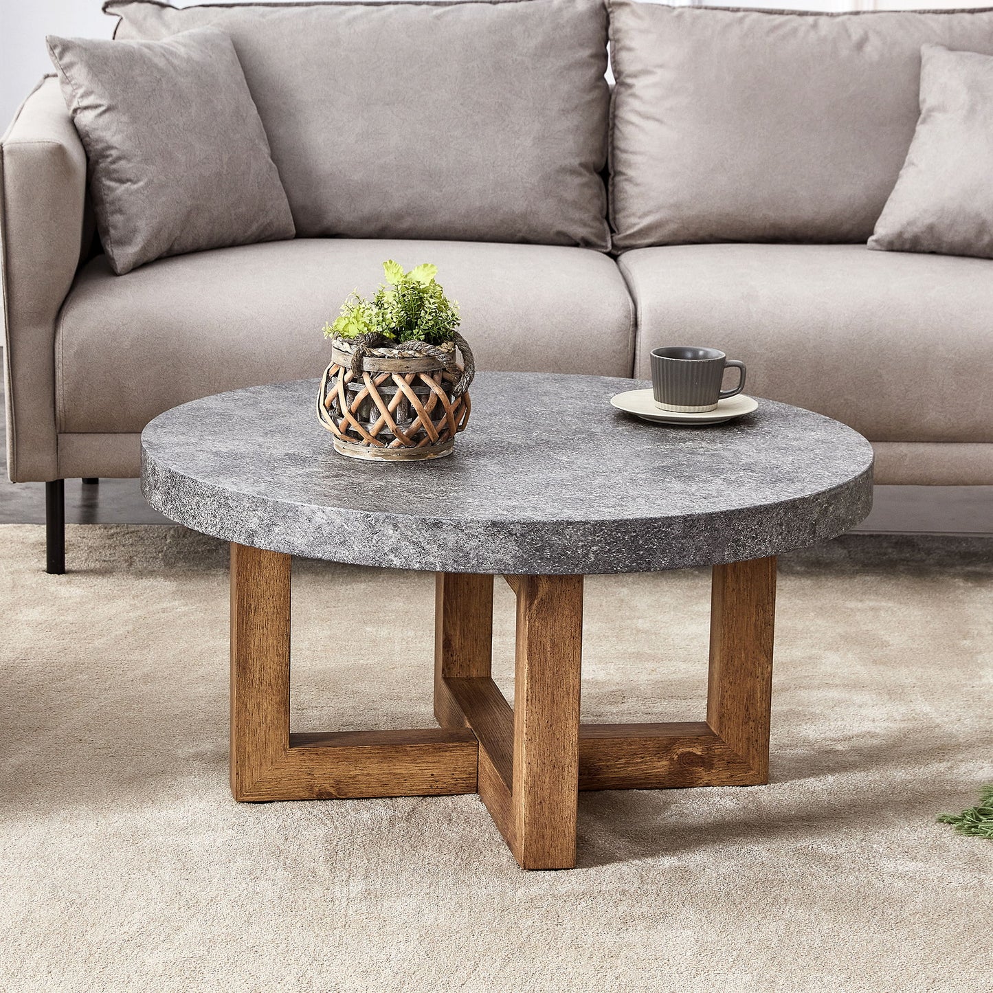 Modern Retro Texture Round Coffee Table With Crossed Legs - Gray