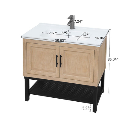 Modern Freestanding Bathroom Vanity With Ceramic Sink, Hot And Cold Faucet, Storage Cabinet & Open Shelf