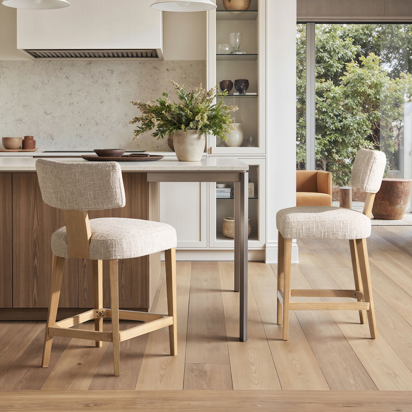 Penny - Round Arched Upholstered Counter Stool (Set of 2) - Travertine Beige