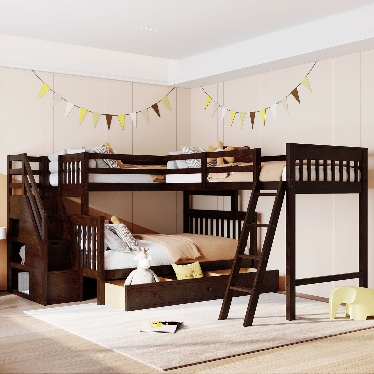 Solid L Shaped Bunk Bed With 3 Drawers, Ladder And Staircase
