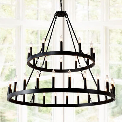 2 Tiers Wagon Wheel Chandelier Wooden Farmhouse 36 Light (24 / 12) Or (12 / 24) Metal Chandeliers 2 Story Light Fixtures Industrial For High Ceiling Living Dining Room Foyer, Adjustable Height - Black