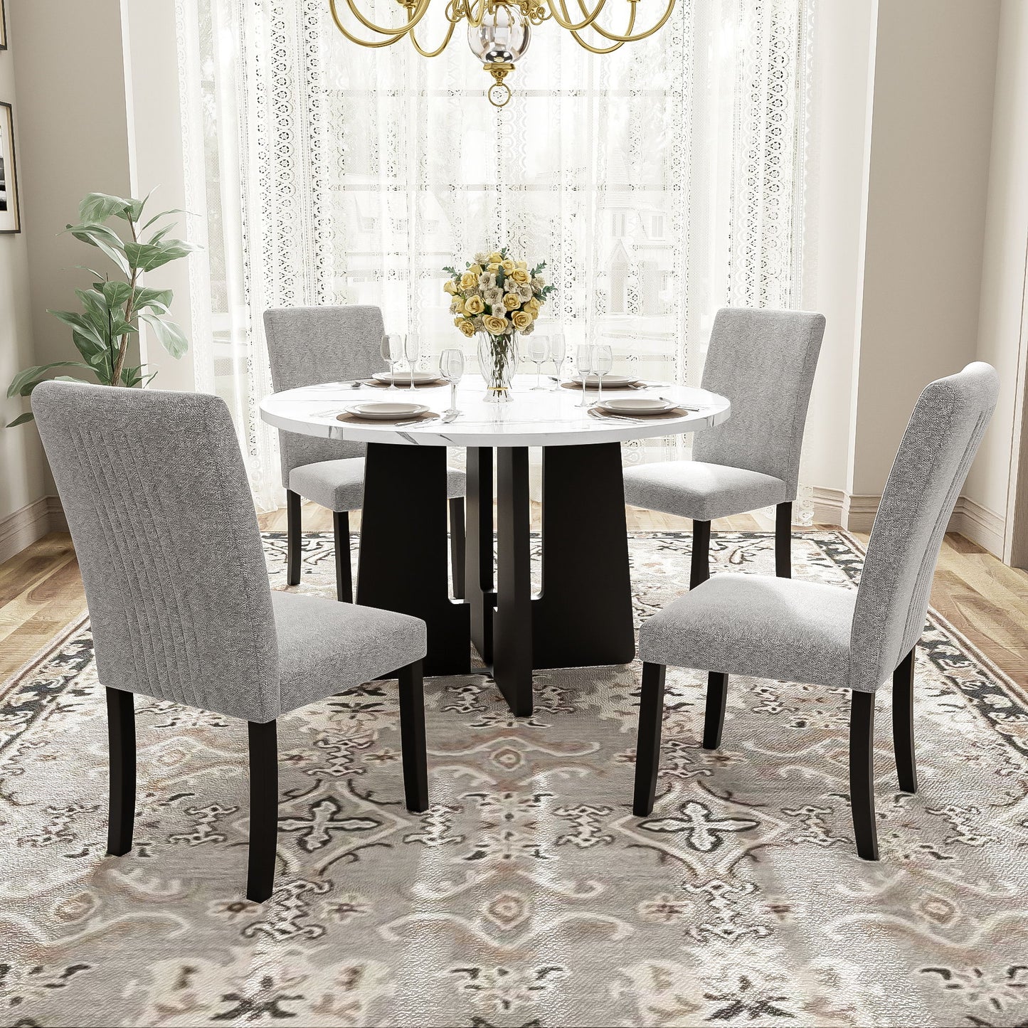 5 Piece Round Dining Table Set, Dining Table And 4 Upholstered Chairs For Dining Room, Kitchen Room, Living Room - White / Gray
