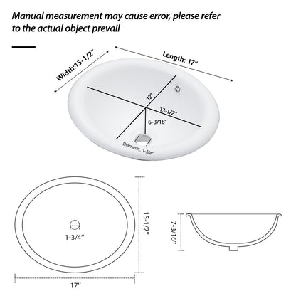 Semi Recessed Bathroom Sink With Countertop Vessel Design, 17" X 15.5" - White