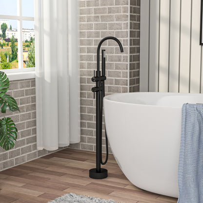 Freestanding Bathtub Faucet Floor Mount Tub Filler With Swivel Gooseneck Spout And Cylinder Handheld
