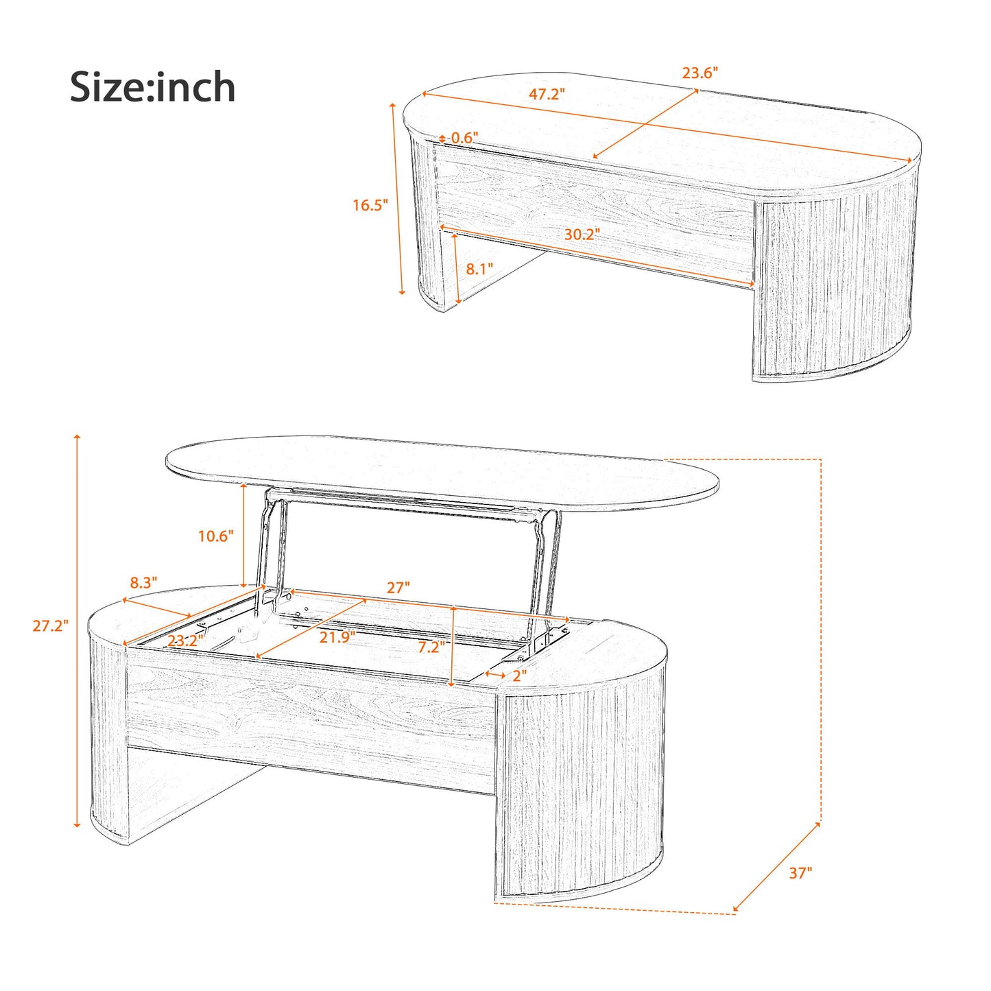 Lift Top Coffee Table With Hidden Compartment, Modern Oval Lift Tabletop For Home Living Room