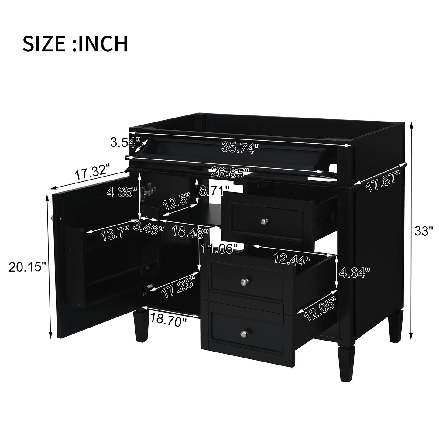 Bathroom Vanity With 2 Drawers And Tip-Out Drawer, Storage Cabinet