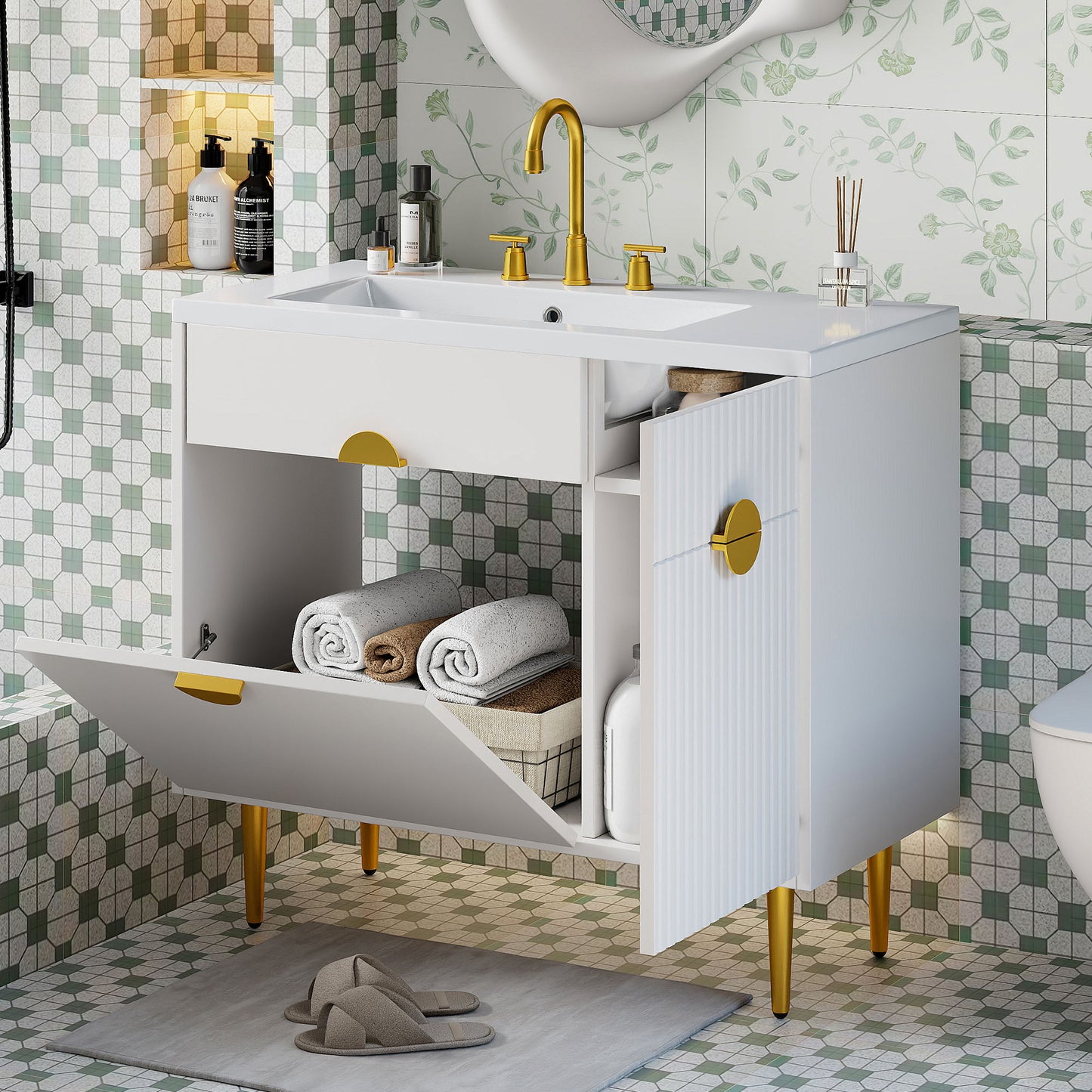 Bathroom Vanity With Sink, Storage Cabinet Soft Closing Door And Drop Down Compartment - White