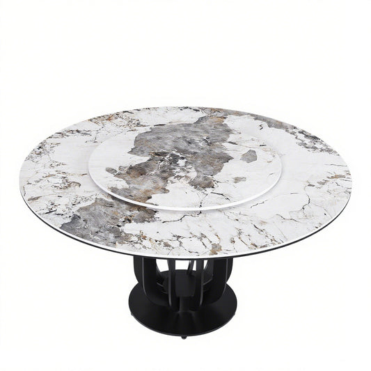 Round Dining Table With Carbon Steel Base And Lazy Susan Industrial Style - Black / White