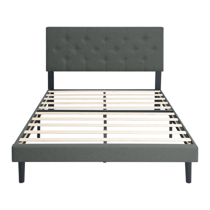 Modern Upholstered Platform Bed Frame With Button Tufted Linen Fabric Headboard