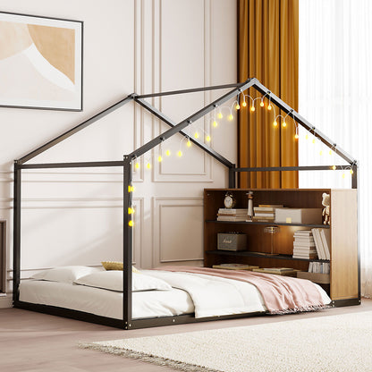 Bed House Frame With Shelves And Lights