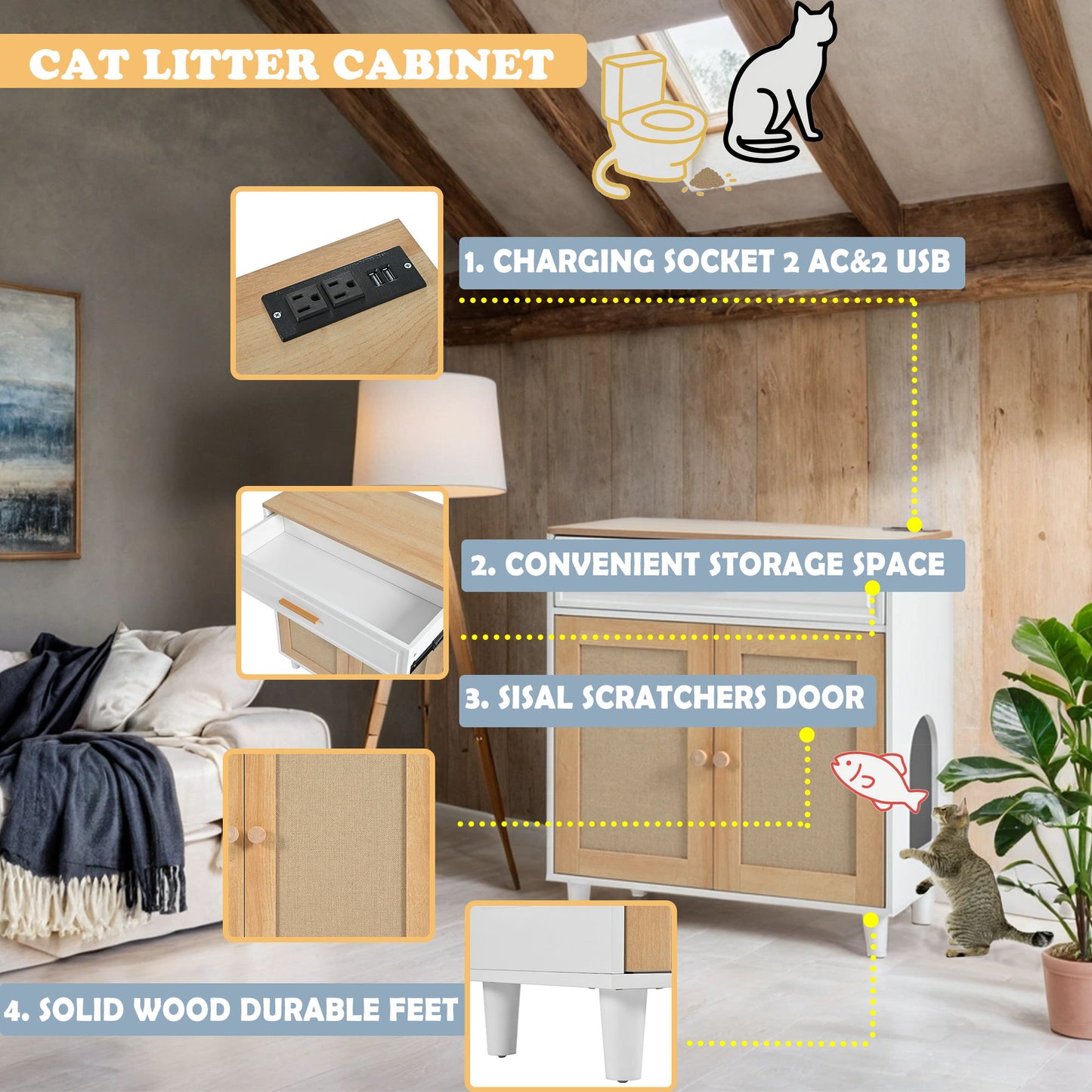 Pet Friendly Furniture Style Cat Litter Box House With Sisal Scratching Door And Charging Socket - Beige / White