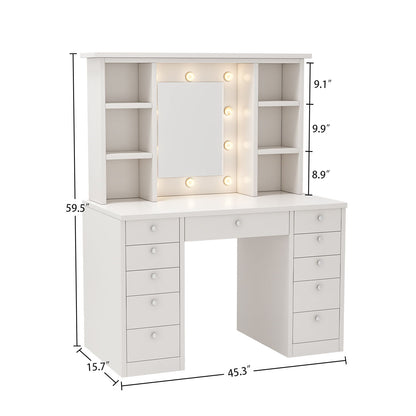 Vanity Desk With LED Lighted Mirror, Makeup Vanity With 11 Drawers, Adjustable Lighting - White