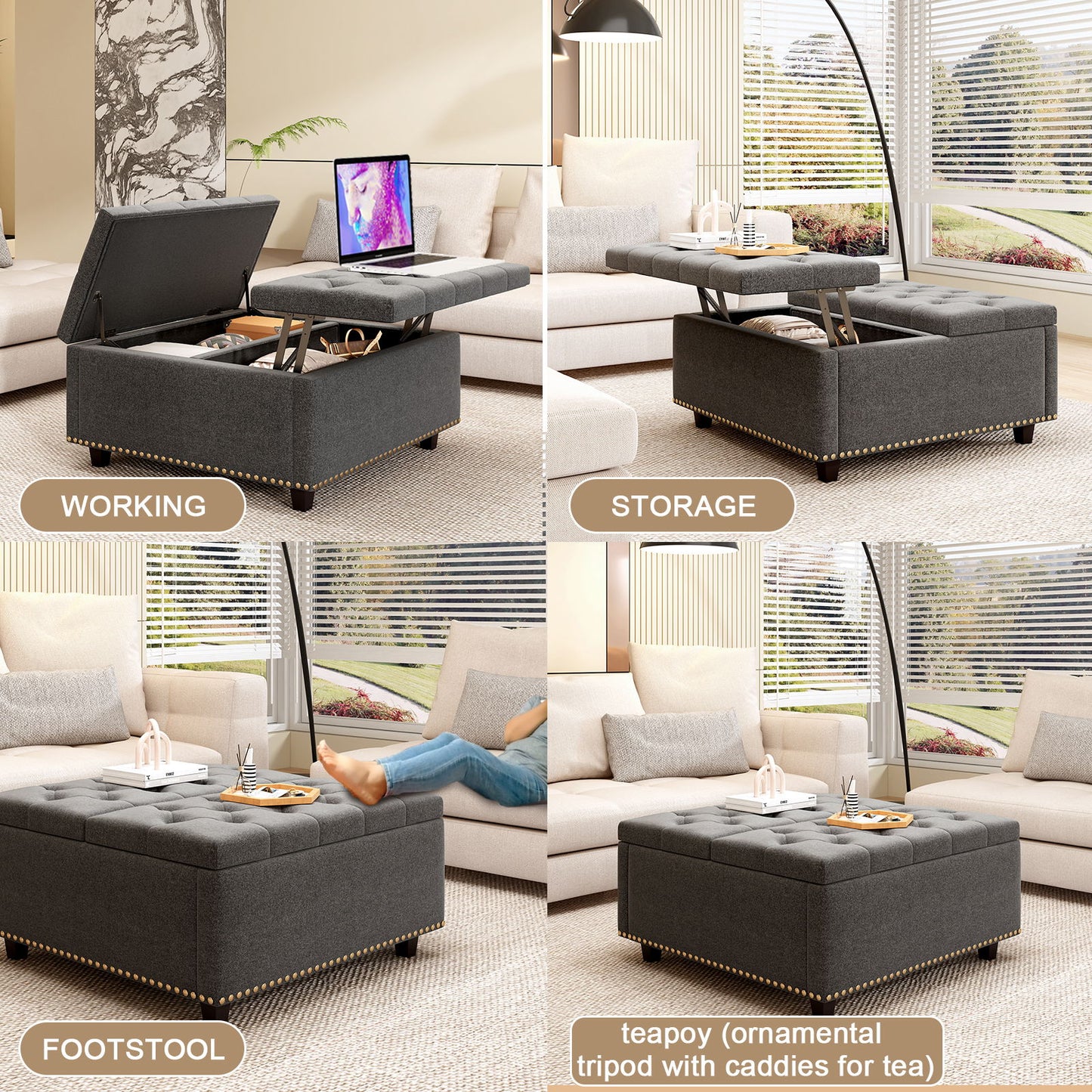 Large Square Storage Ottoman With 2 Storage Doors