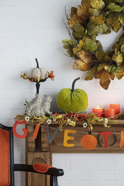 Velvet Weighted Pumpkin With Resin Stem Apple, Pumpkin Ornament Decor For Holiday Harvest Festival Fall Festival & Thanksgiving (Set of 2) - Green