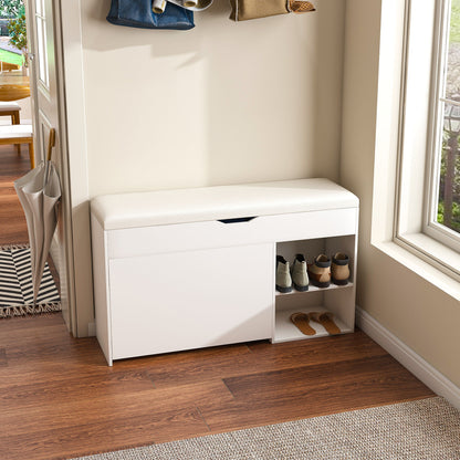 Modern Design Entryway Bench With Adjustable 3 Tier Flip-Up Drawers And Hidden Cabinet - White