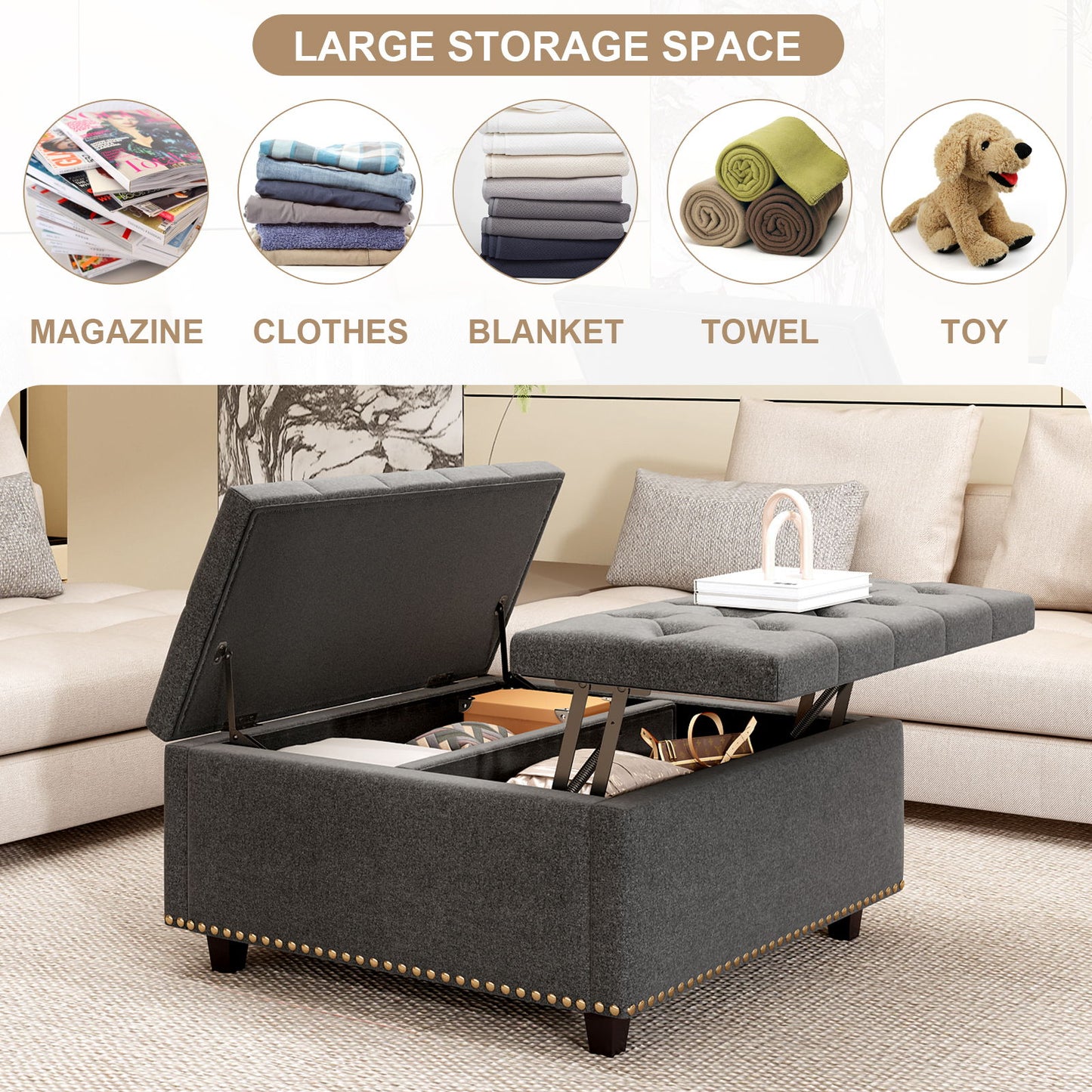Large Square Storage Ottoman With 2 Storage Doors