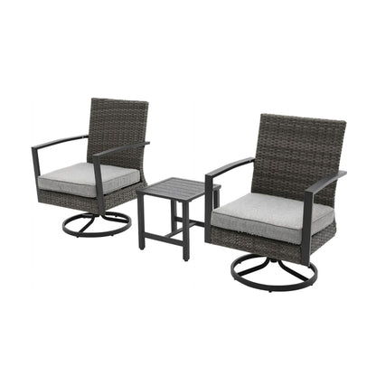 3 Piece Patio Furniture, Swivel Rocker Bistro Set With Side Table & Cushions For Porch - Gray