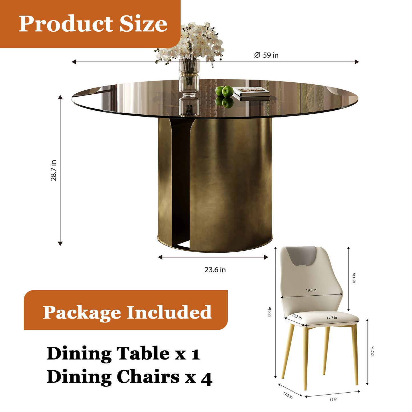 Modern Round Dining Table Set With Glass Top And Steel Legs