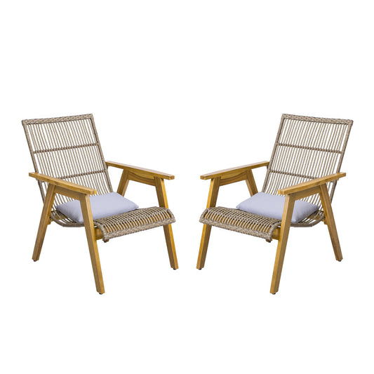 Acacia Wood Cape Woven Wicker Large Lounge Chair With Pillow For Patio, Deck, Yard, Lawn And Garden Seating Wicker (Set of 2) - Teak