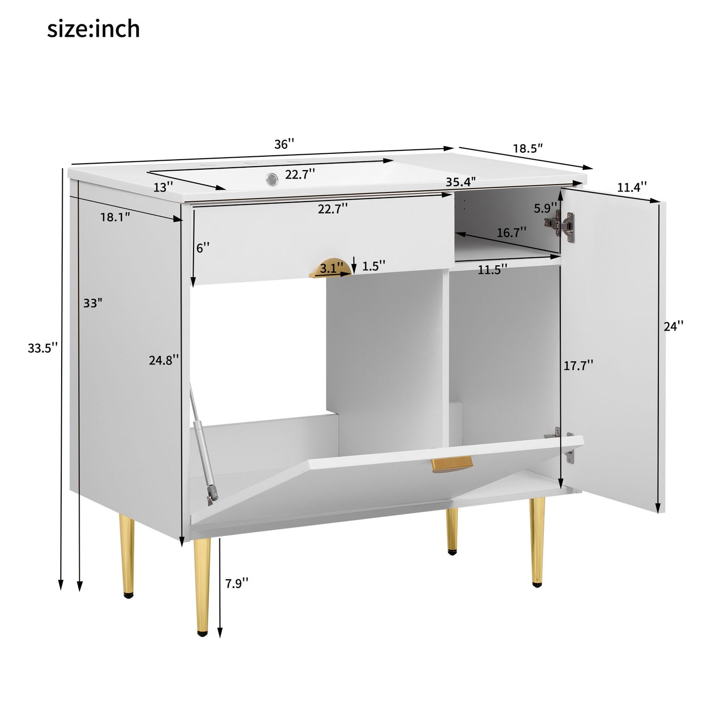 Bathroom Vanity With Sink, Storage Cabinet Soft Closing Door And Drop Down Compartment - White