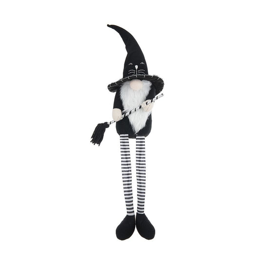 Sitting Gnome With Broomstick & Long Legs, For Halloween Decor - Black White