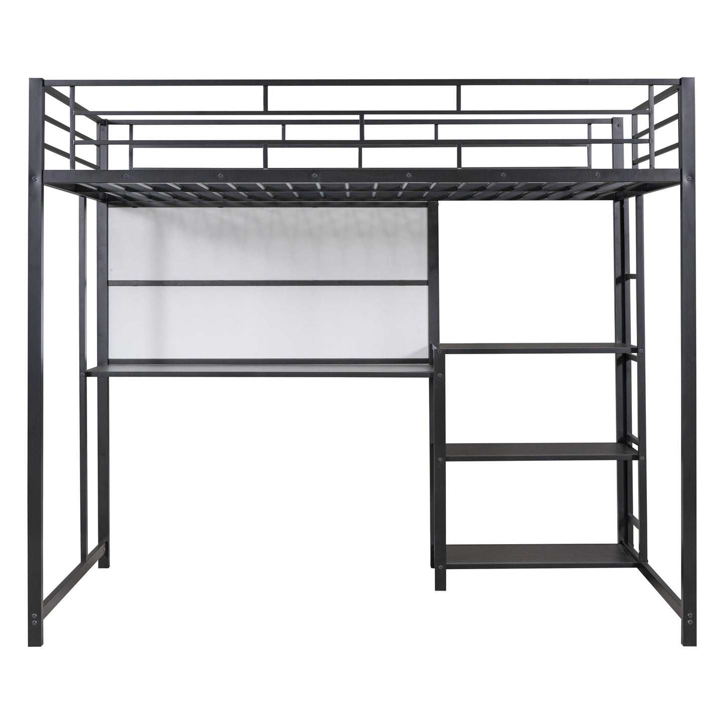 Metal Loft Bed With Desk, 3 Shelves And Ladder