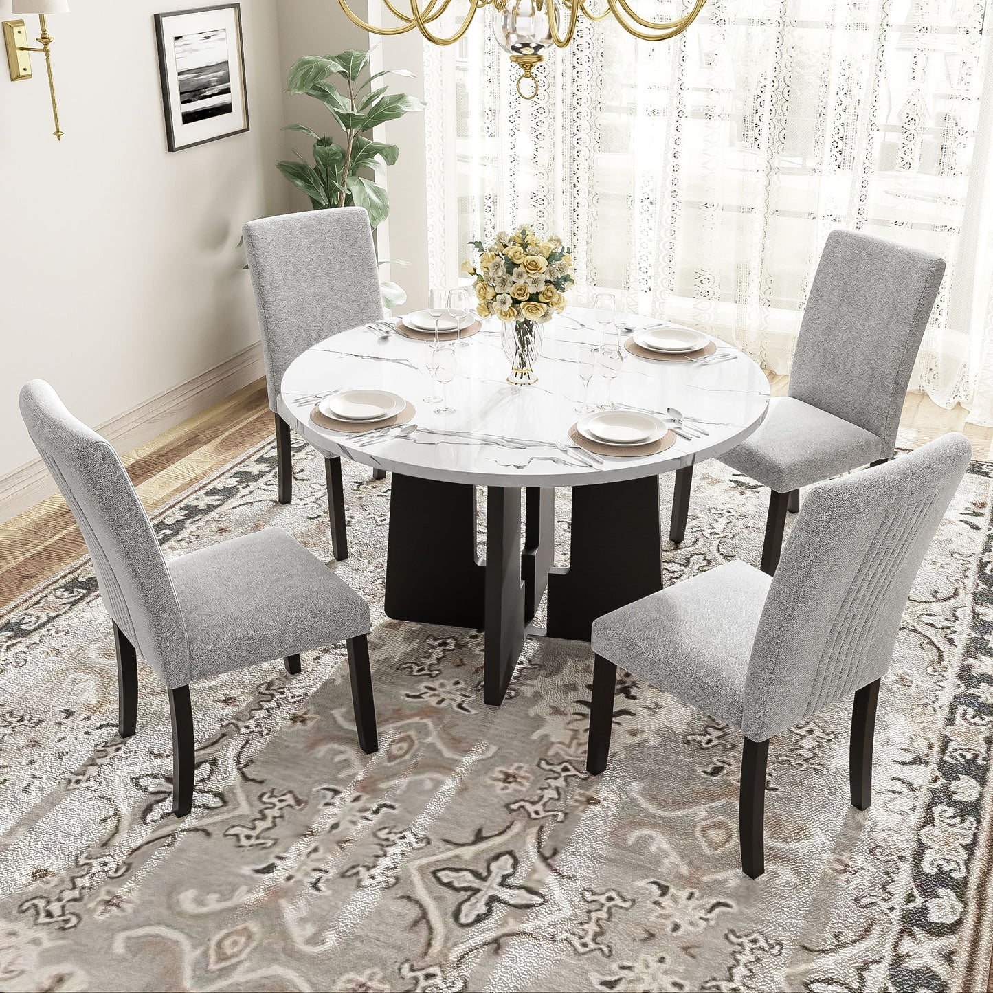 5 Piece Round Dining Table Set, Dining Table And 4 Upholstered Chairs For Dining Room, Kitchen Room, Living Room - White / Gray