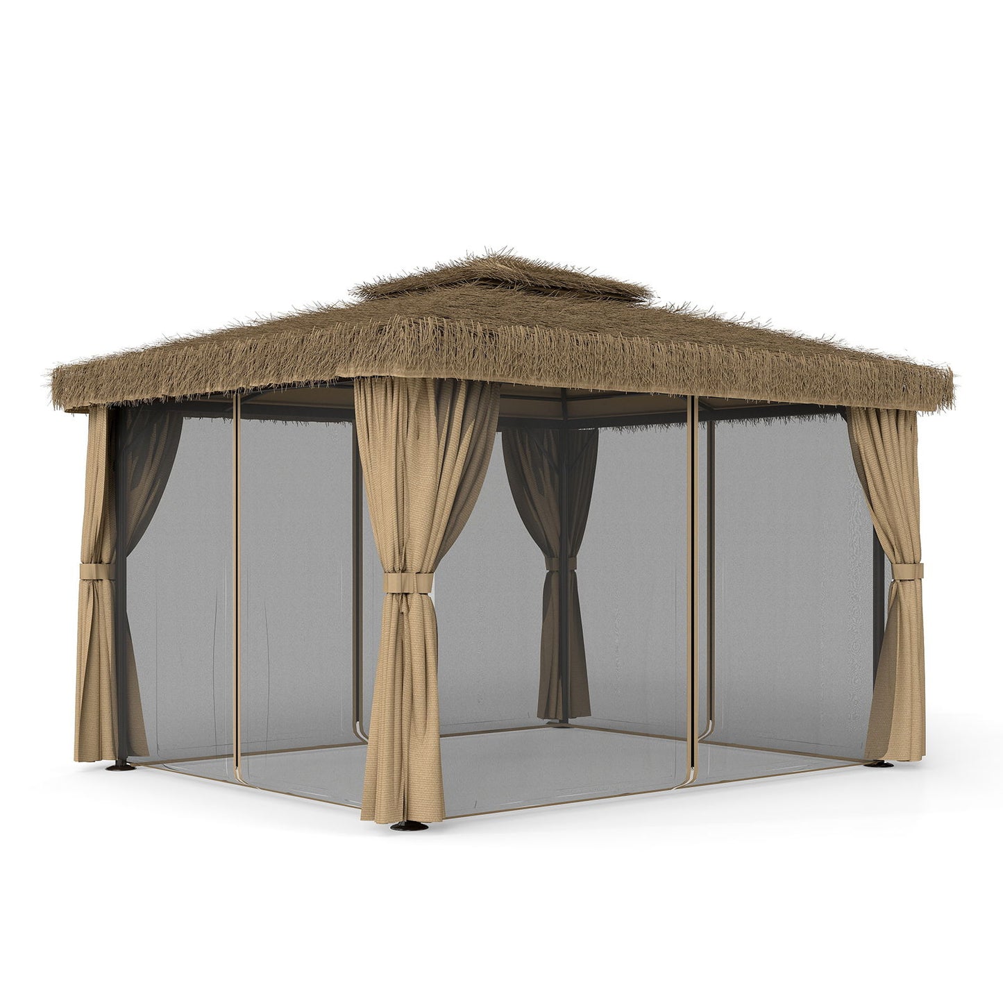 Outdoor Patio Gazebo With Double Canopy, Mosquito Net & Privacy Curtain - Brown