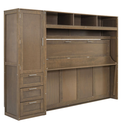 Full Size Murphy Bed With Wardrobe, Drawers, And Open Shelves - Wood