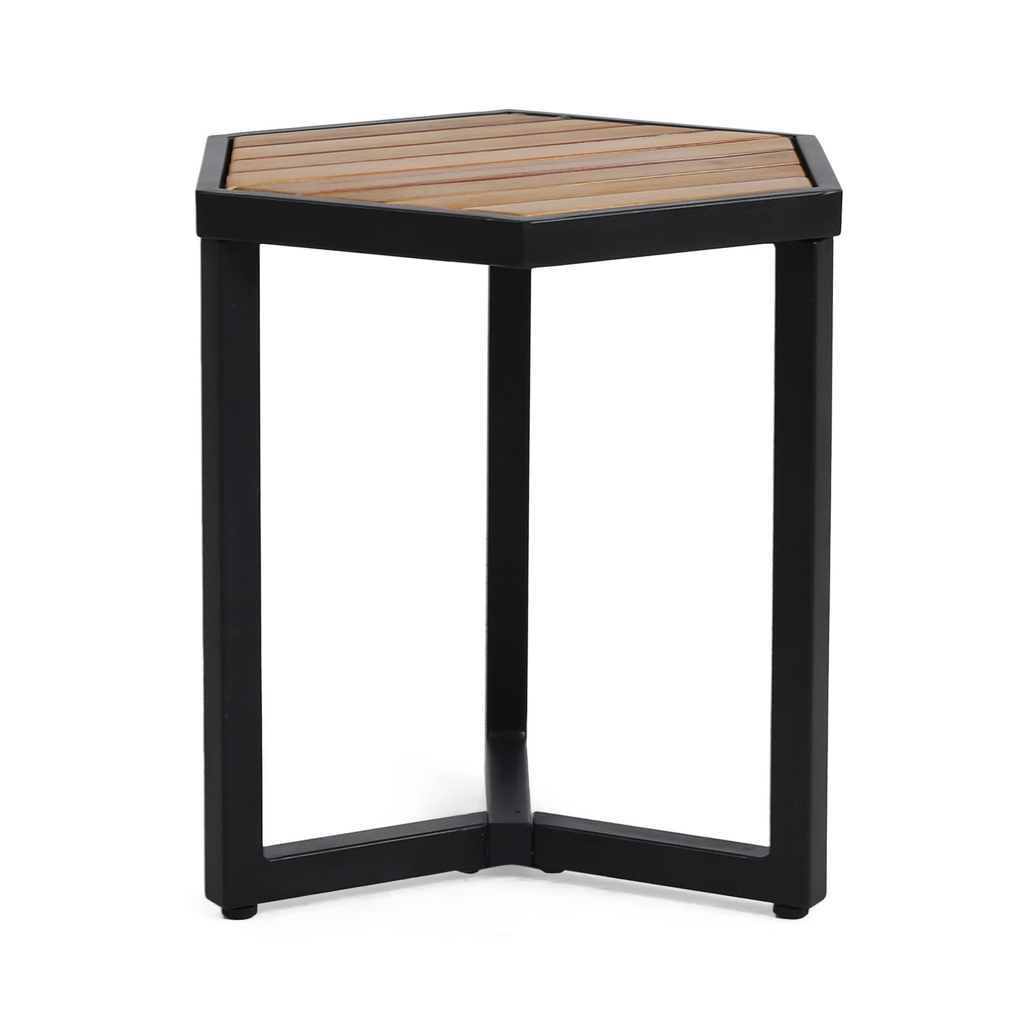 Outdoor Side Table With Iron Base And Slatted Top - Brown