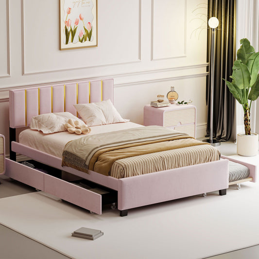 Upholstered Platform Bed With 2 Drawers And 1 Trundle, Classic Strip Headboard Design