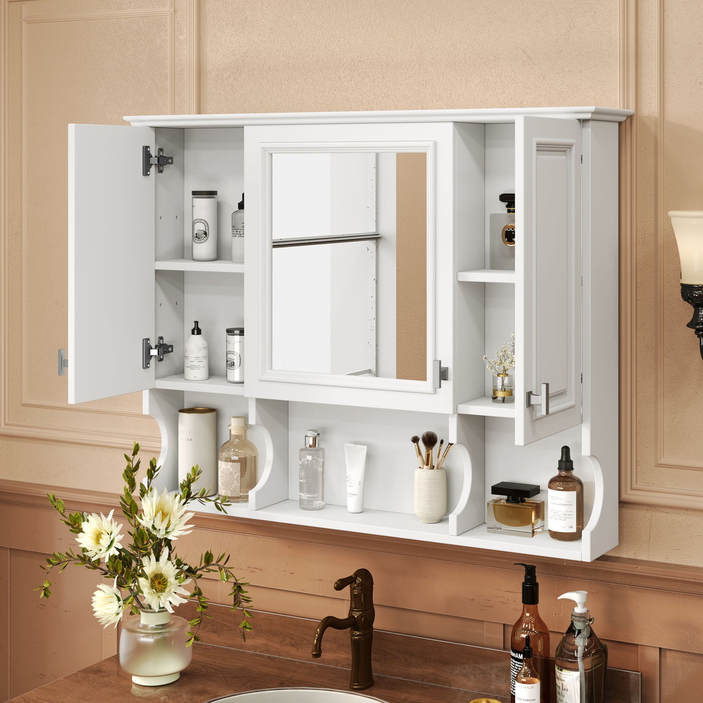 Wall Mounted Bathroom Medicine Wall Cabinet With Mirror & Open Shelves