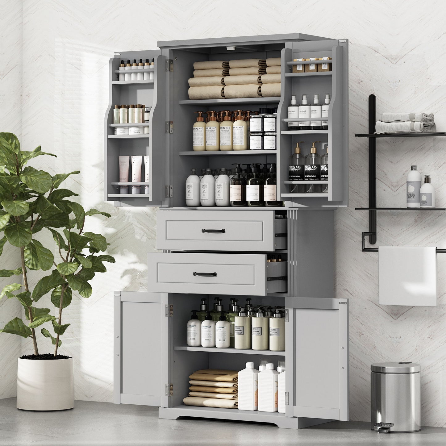 Multi Functional Storage Cabinet With Adjustable Shelves, 2 Drawers, Door Shelves