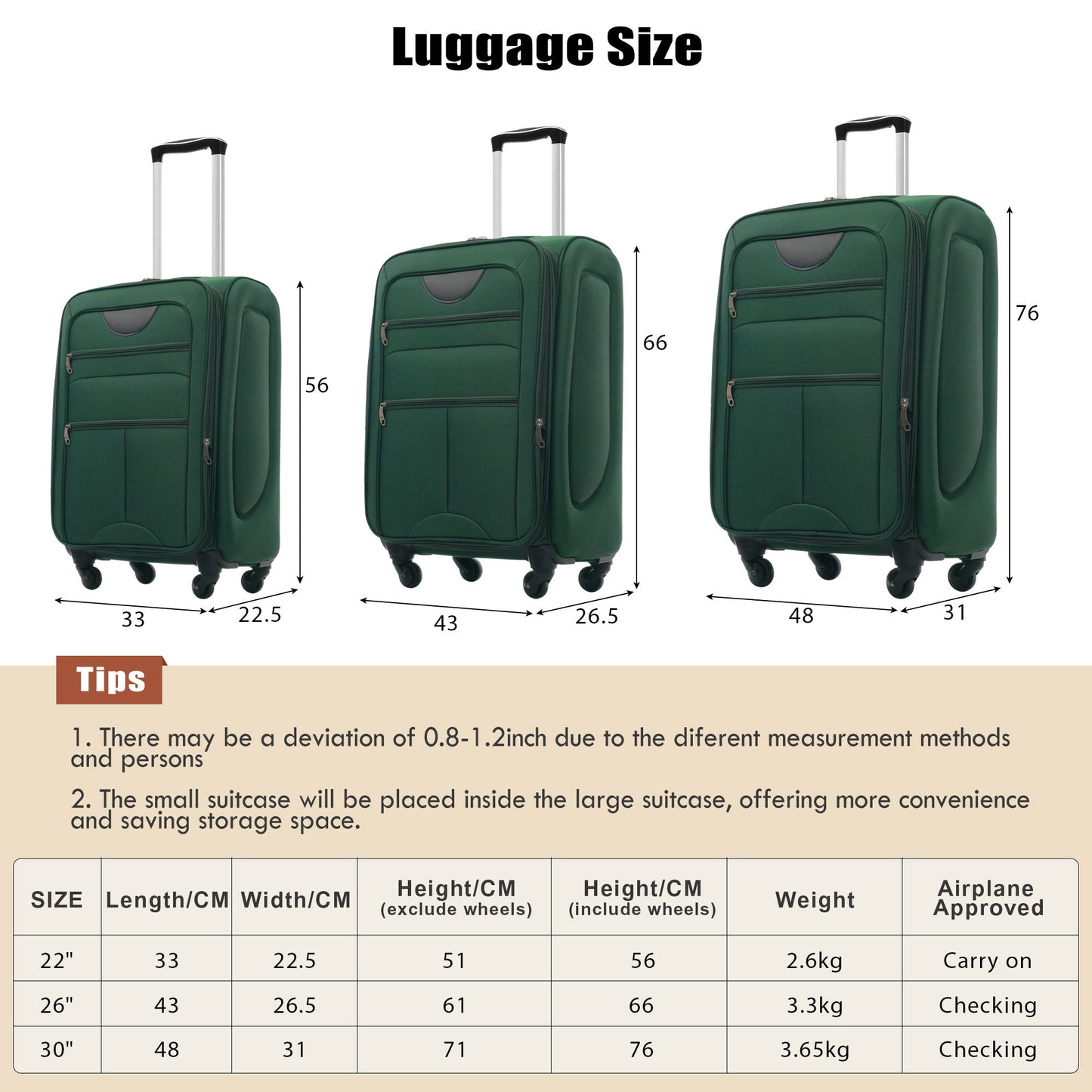 Softside Luggage Expandable 3 Piece Set Upright Spinner Lightweight Suitcase