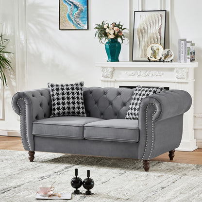 Chesterfield Upholstery Fabric Loveseat With Roll Armrest And Nailhead