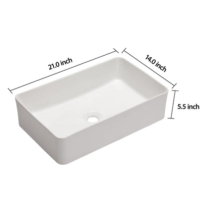 Modern European Design 21" X 14" Ceramic Rectangular Vessel Bathroom Sink - White
